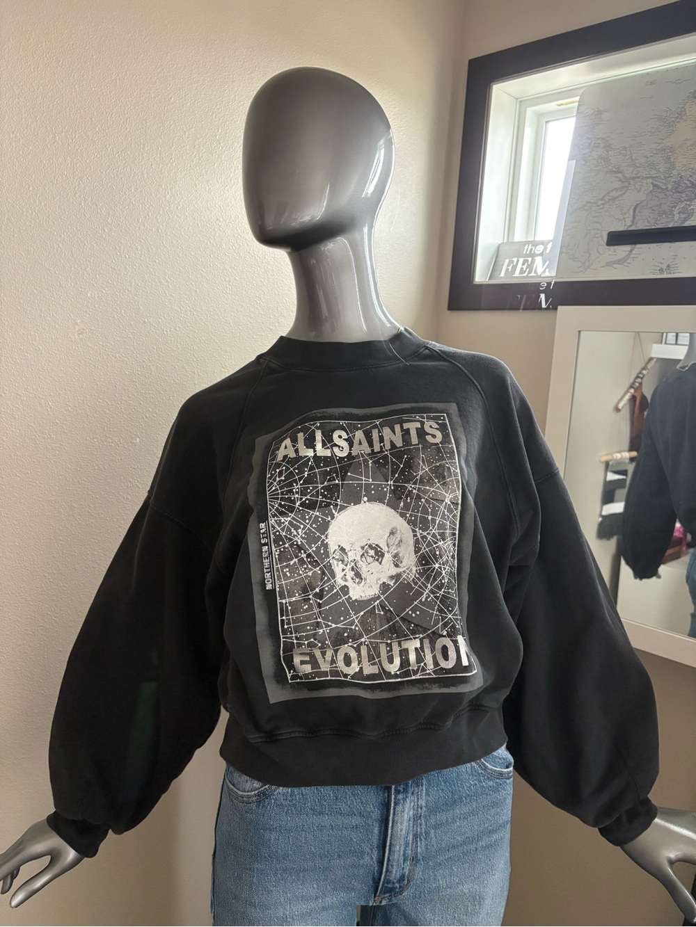 All Saints Black Crewneck Sweatshirt with White Skull Graphic